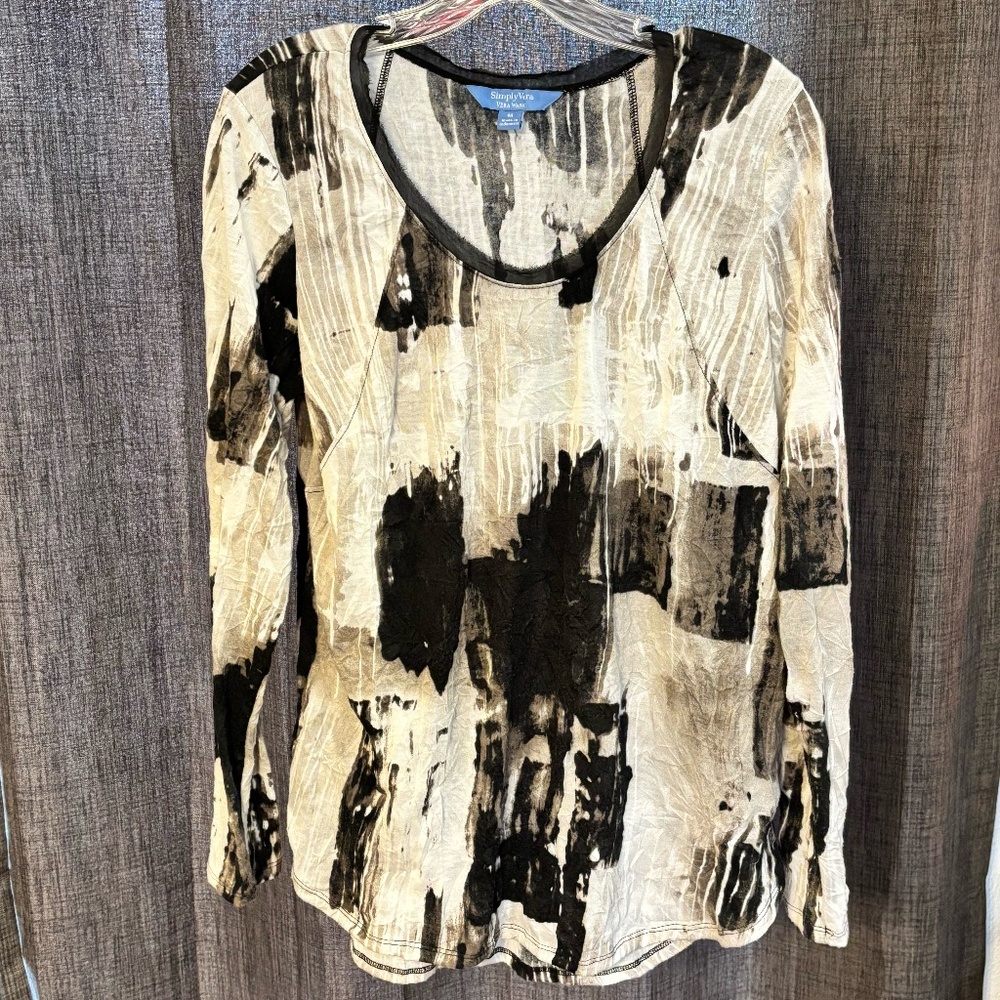 Simply Vera Vera Wang Women's Long Sleeve Crinkle Top SZ Medium Cream w/ Black